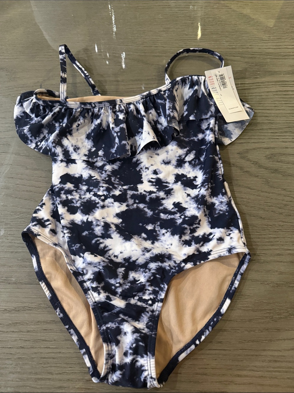 Old Navy Navy & White Tie-Dye Ruffle One-Piece Swimsuit